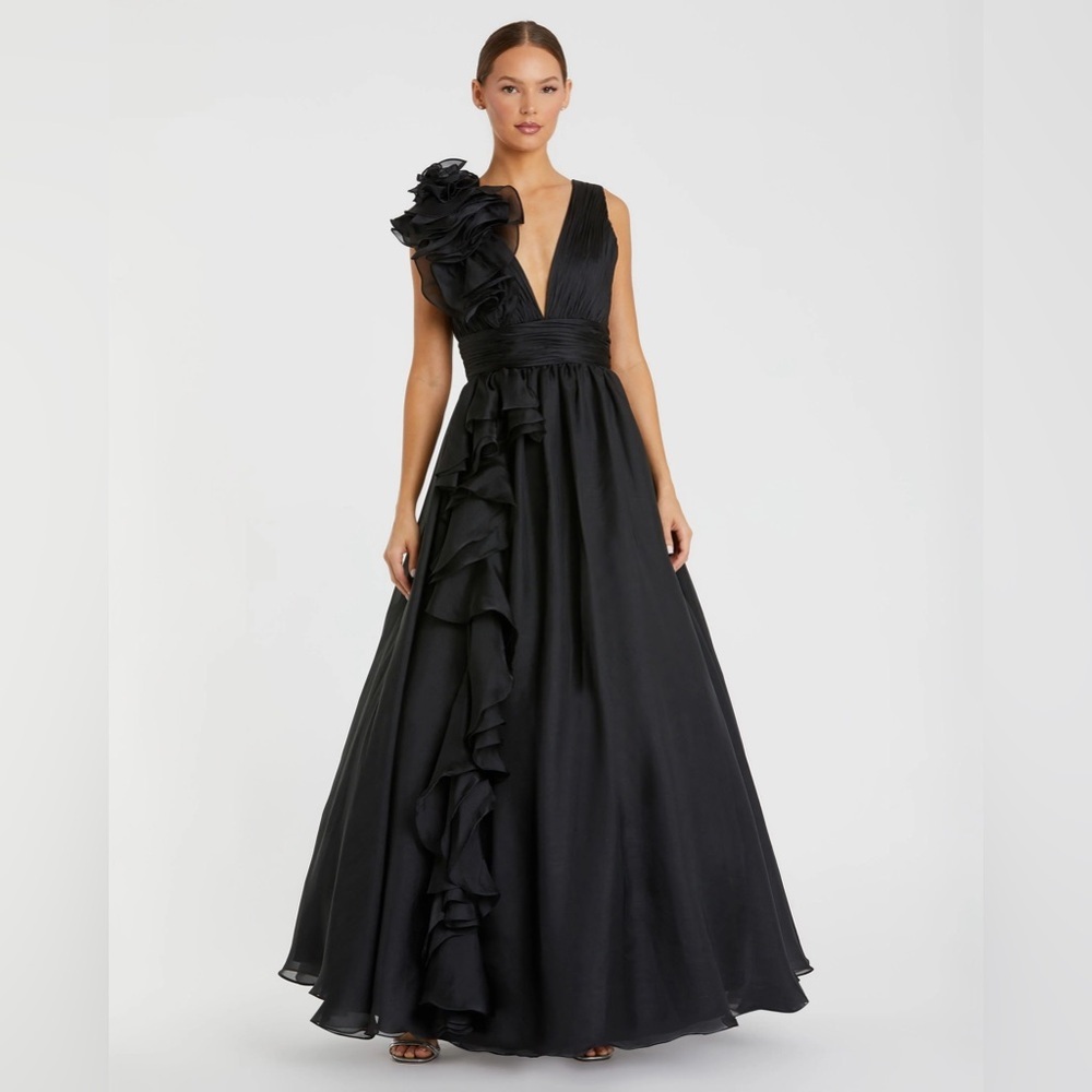 MAC DUGGAL 48856 Black Ruffle Shoulder V-Neck Chiffon Gown